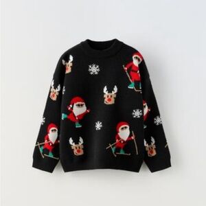 Zara New 9/12 Santa Claus Christmas Knit Sweater, Reindeer Ski Snow Holiday Red